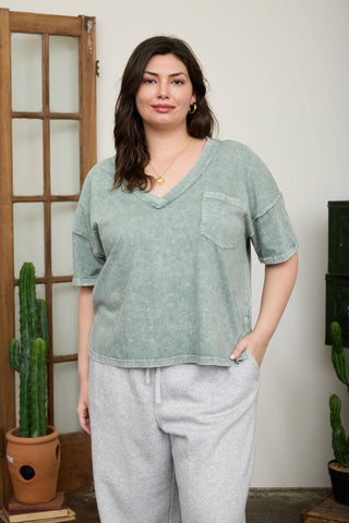 PLUS WASHED EXPOSED SEAM V NECK BOXY KNIT TOP