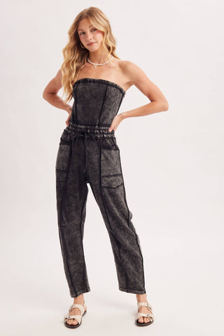 WASHED STRAPLESS SMOCKED WAIST DRAWSTRING JUMPSUIT