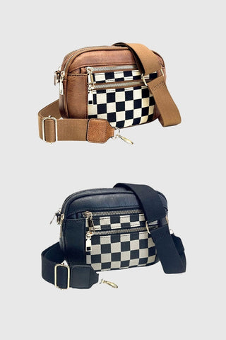 Checkered Double Zip Cross Body Bag