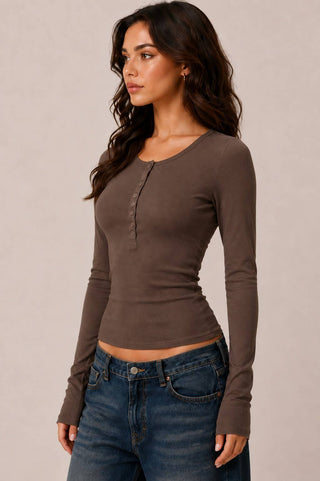 JT57726L - LONG SLEEVE CREW NECK BUTTON HENLEY TOP