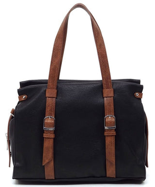 Black Two Tone Vegan Leather Satchel Bag