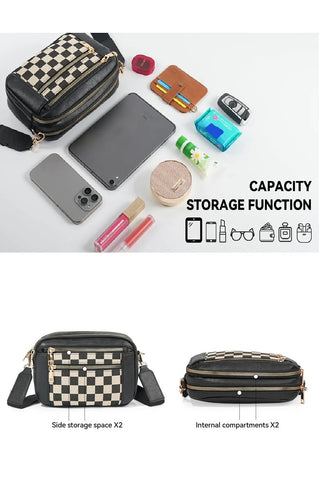 Checkered Double Zip Cross Body Bag