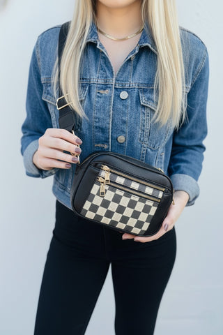 Vegan leather checkered saddle cross body bag