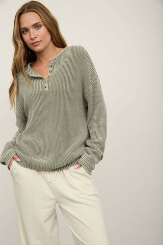 WASHED RIBBED HENLEY DROP SHOULDER KNIT SWEATER