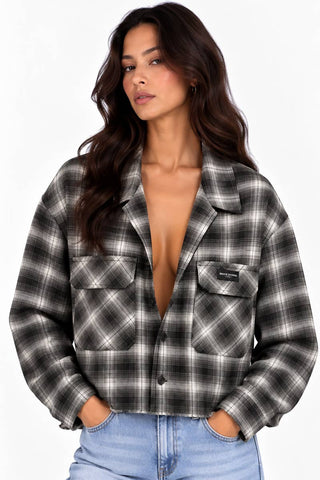 Oversized Raw Hem Crop Boyfriend Flannel Shacket