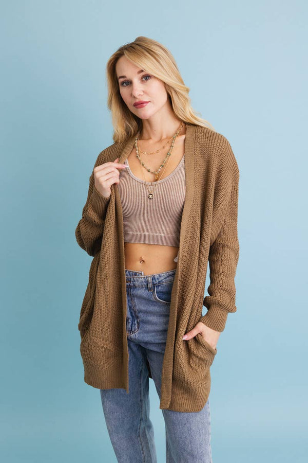 Cozy Open-Front Waffle Knit Long Cardigan