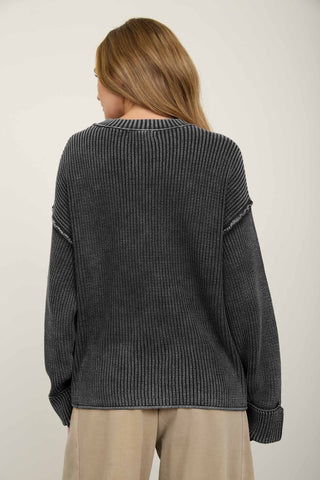 WASHED RIBBED LONG SLEEVE FOLDED CUFF KNIT SWEATER