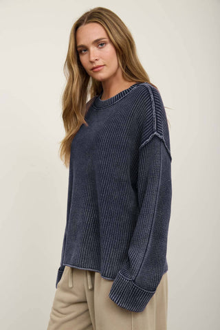 WASHED RIBBED LONG SLEEVE FOLDED CUFF KNIT SWEATER