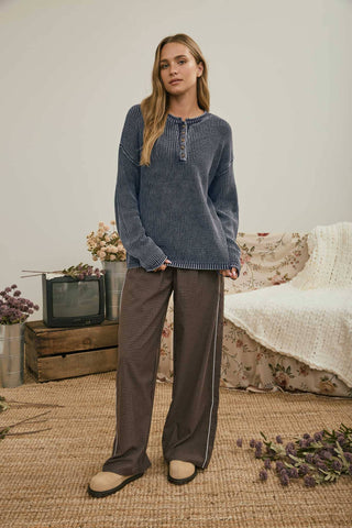WASHED RIBBED HENLEY DROP SHOULDER KNIT SWEATER
