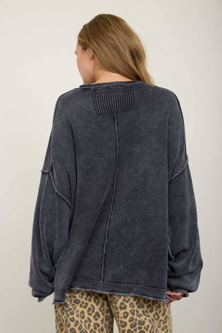 WASHED RAW EDGE CREW NECK DROP SLEEVE SWEATER
