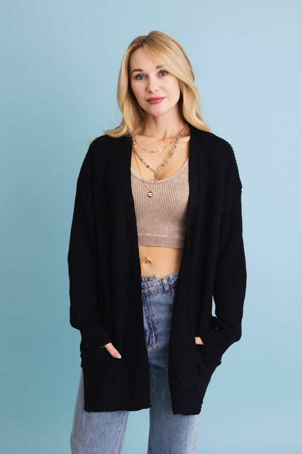 Cozy Open-Front Waffle Knit Long Cardigan
