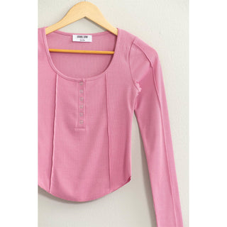 Ribbed Long Sleeve Button Front Top
