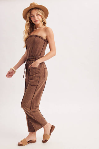WASHED STRAPLESS SMOCKED WAIST DRAWSTRING JUMPSUIT