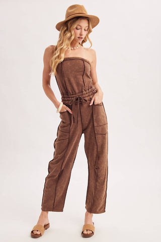 WASHED STRAPLESS SMOCKED WAIST DRAWSTRING JUMPSUIT