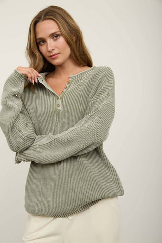 WASHED RIBBED HENLEY DROP SHOULDER KNIT SWEATER