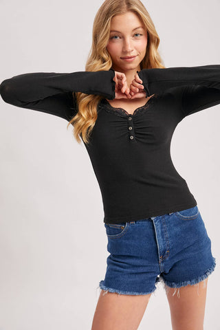 LACE TRIM BUTTON DOWN HENLEY KNIT TOP