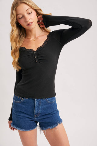 LACE TRIM BUTTON DOWN HENLEY KNIT TOP