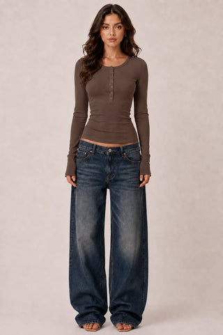 JT57726L - LONG SLEEVE CREW NECK BUTTON HENLEY TOP