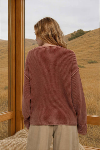 WASHED RIBBED LONG SLEEVE FOLDED CUFF KNIT SWEATER
