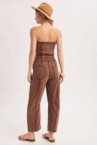 WASHED STRAPLESS SMOCKED WAIST DRAWSTRING JUMPSUIT