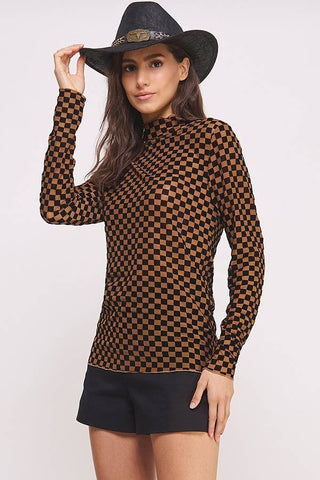 Long Sleeve Checkered Mesh Top