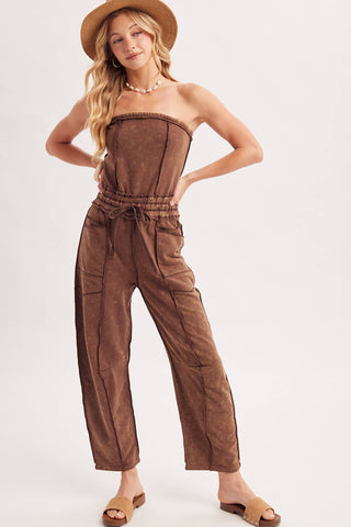WASHED STRAPLESS SMOCKED WAIST DRAWSTRING JUMPSUIT