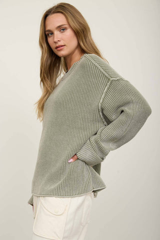 WASHED RIBBED LONG SLEEVE FOLDED CUFF KNIT SWEATER