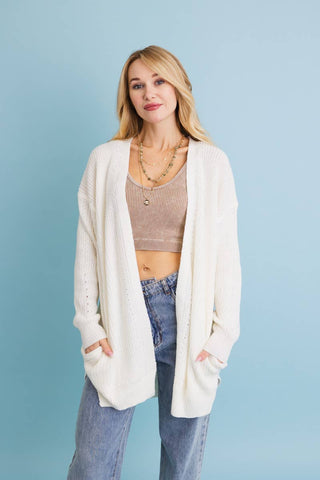 Cozy Open-Front Waffle Knit Long Cardigan