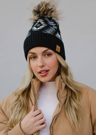 Black, Grey & Tan Tribal Pom Hat - Rise and Redemption