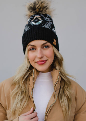 Black, Grey & Tan Tribal Pom Hat - Rise and Redemption