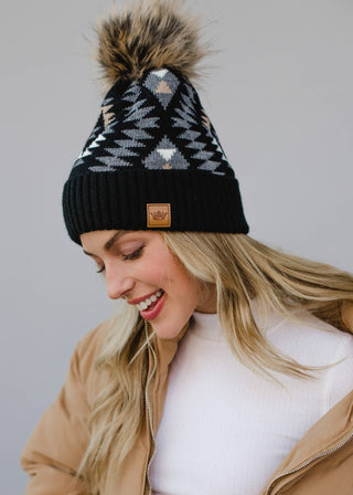 Black, Grey & Tan Tribal Pom Hat - Rise and Redemption