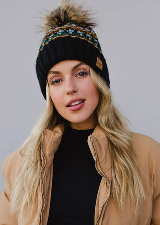 Black & Multicolored Patterned Pom Hat - Rise and Redemption