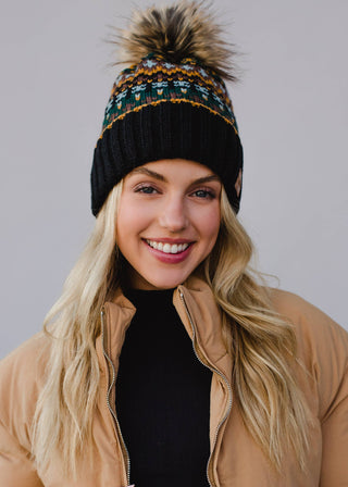 Black & Multicolored Patterned Pom Hat - Rise and Redemption