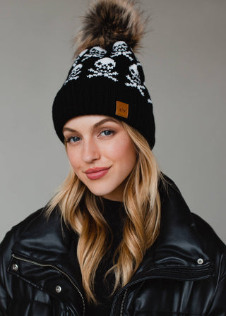 Black Skull Pattern Pom Hat - Rise and Redemption