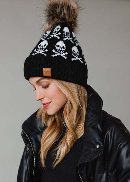 Black Skull Pattern Pom Hat - Rise and Redemption