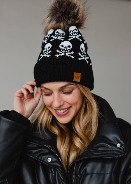 Black Skull Pattern Pom Hat - Rise and Redemption