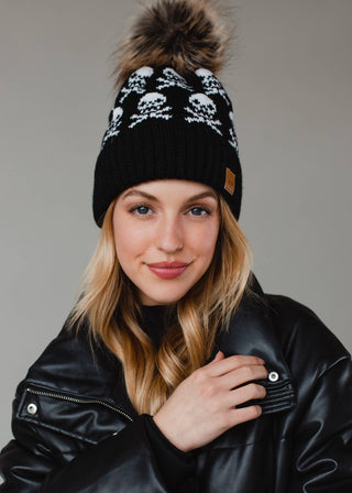 Black Skull Pattern Pom Hat - Rise and Redemption