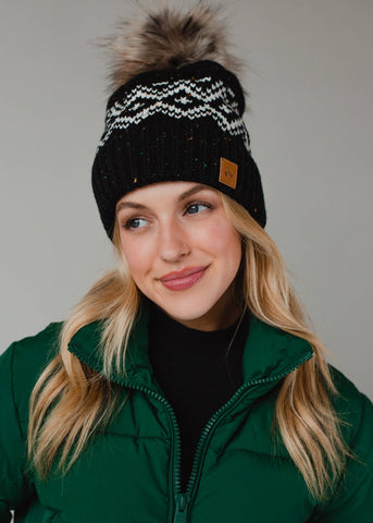 Black & Speckled Patterned Pom Hat - Rise and Redemption