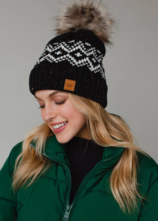 Black & Speckled Patterned Pom Hat - Rise and Redemption