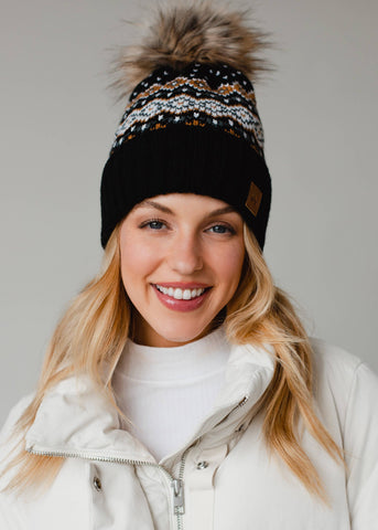 Black, White, Mustard & Blue Patterned Pom Hat - Rise and Redemption