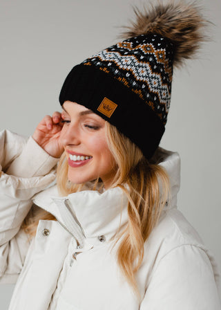 Black, White, Mustard & Blue Patterned Pom Hat - Rise and Redemption