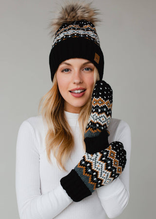 Black, White, Mustard & Blue Patterned Pom Hat - Rise and Redemption