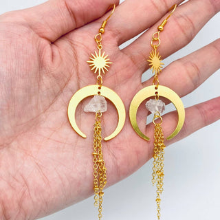 Bohemian Crescent Natural Stone Chain Tassel Earrings - Rise and Redemption