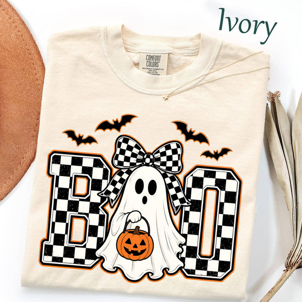 Boo Ghost Shirt, Halloween Checkered Ghost T-Shirt - Rise and Redemption