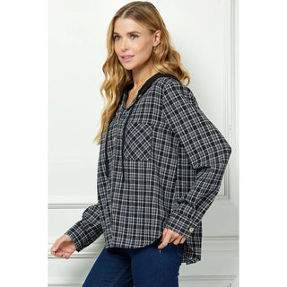 BUTTON-DOWN LONG SLEEVE HOODIES PLAID SHACKET - Rise and Redemption
