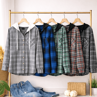 BUTTON-DOWN LONG SLEEVE HOODIES PLAID SHACKET - Rise and Redemption