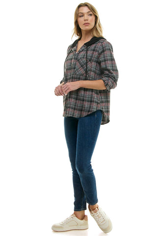 BUTTON-DOWN LONG SLEEVE HOODIES PLAID SHACKET - Rise and Redemption
