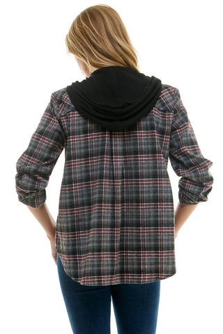 BUTTON-DOWN LONG SLEEVE HOODIES PLAID SHACKET - Rise and Redemption