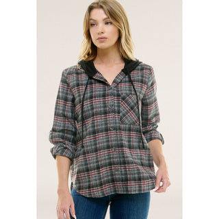 BUTTON-DOWN LONG SLEEVE HOODIES PLAID SHACKET - Rise and Redemption