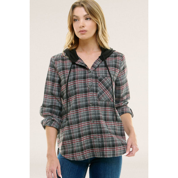 BUTTON-DOWN LONG SLEEVE HOODIES PLAID SHACKET - Rise and Redemption
